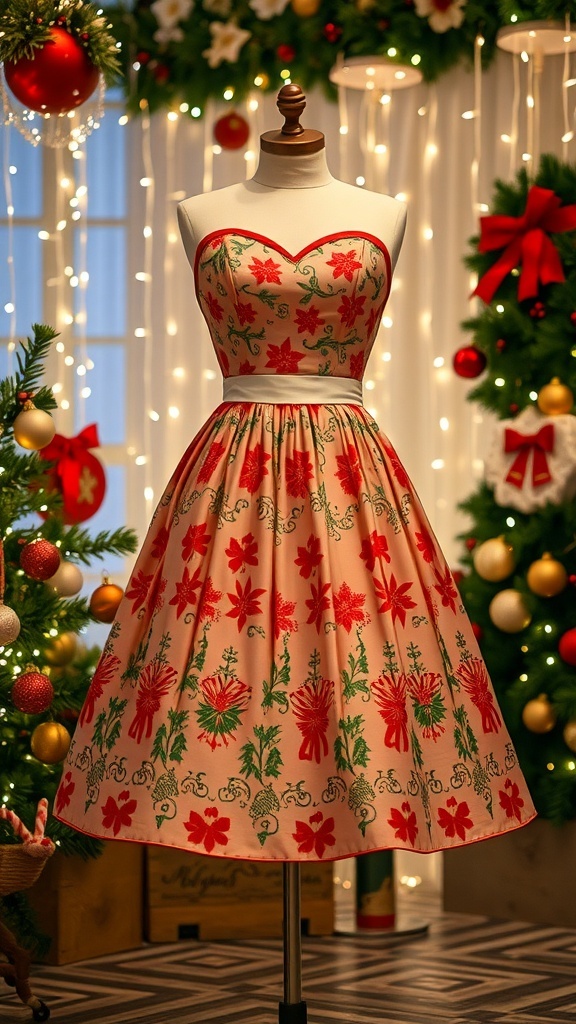 A vintage 1950s Christmas dress with a fitted bodice and full skirt, set against a festive backdrop.